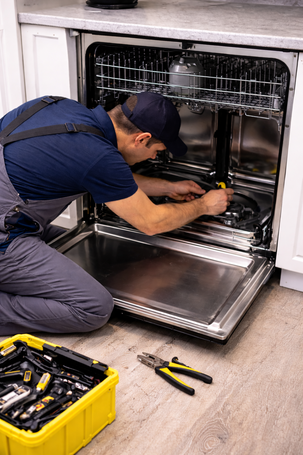 Technician repairing a dishwasher in Ottawa